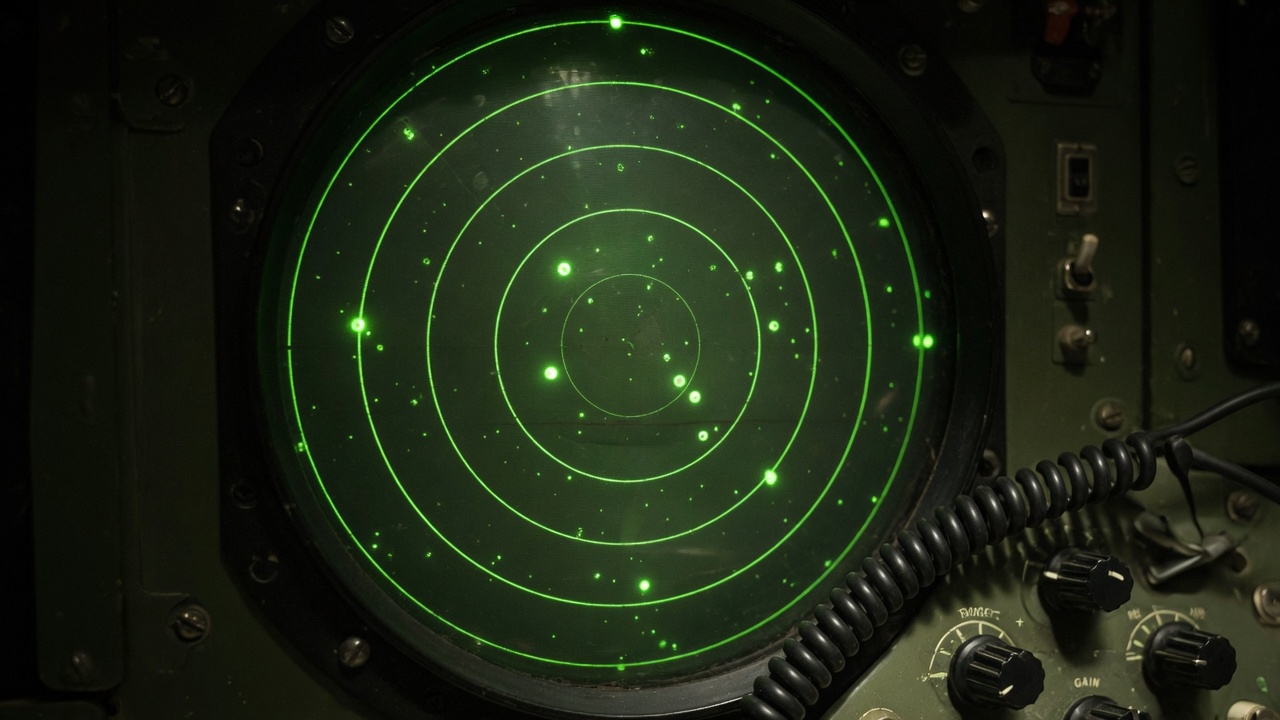 Phosphor radar rings on a CRT in a dark radio room