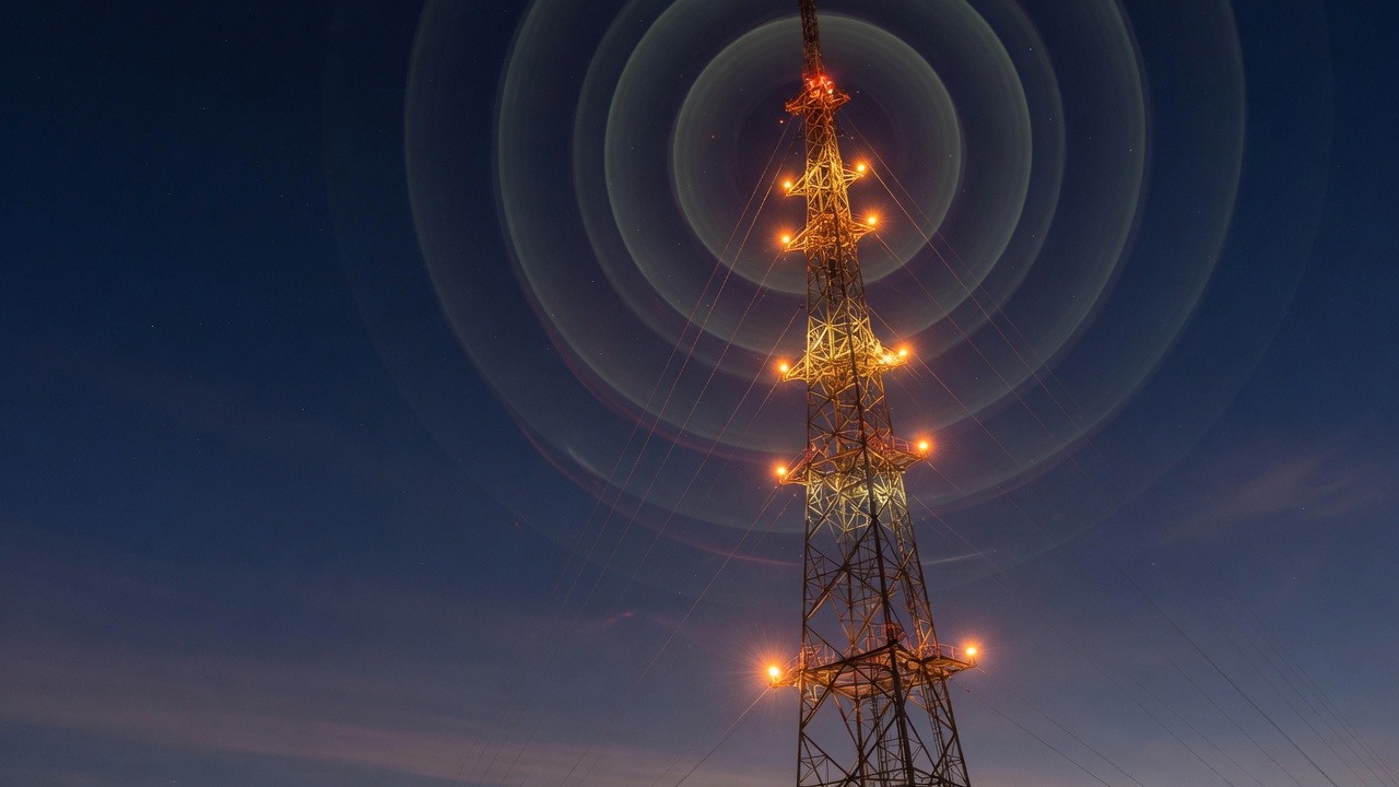 Lattice radio mast against a navy sky